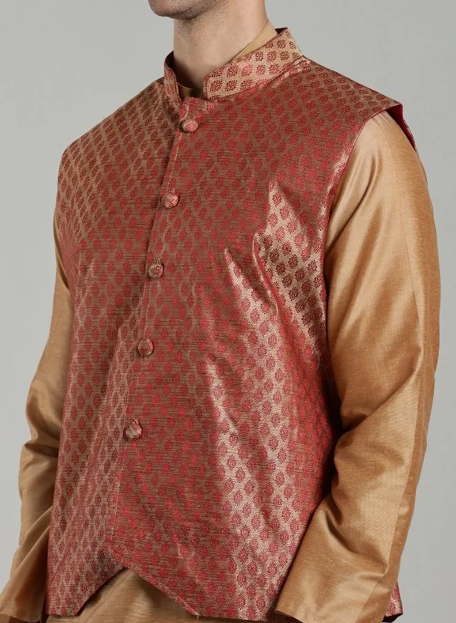 Abhishti Beige Kurta Pant with Red Woven Design Bandi Set