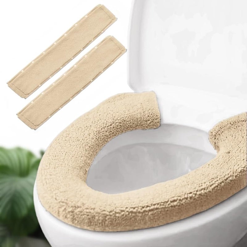 2pcs Plush Warm Toilet Seat Cushion Cover Beige Bathroom Warmer Pad - Image 2