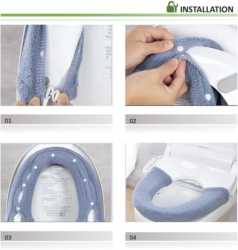 2pcs Plush Warm Toilet Seat Cushion Cover Beige Bathroom Warmer Pad - Image 4