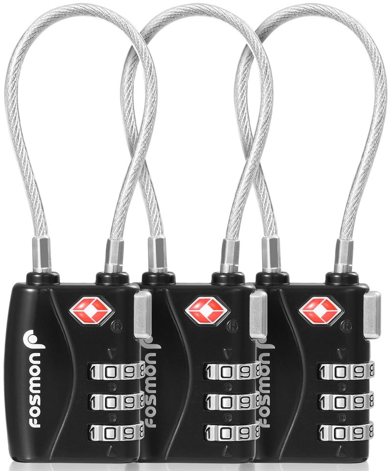 Fosmon TSA Approved Cable Locks for Luggage, Suitcase, Gun Case Locks with Push Release Button, 3 Digit Long Shackle Combination Wire Locks for Backpack Zipper Anti Theft, Gym Locker -3 Pack, Black - Image 1