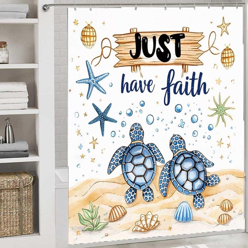 Turtles on Sand with Just Have Faith signShower Curtain for Bathroom Waterproof Tan Shower Curtain with Hooks 71 inch x 71 inch - Image 2