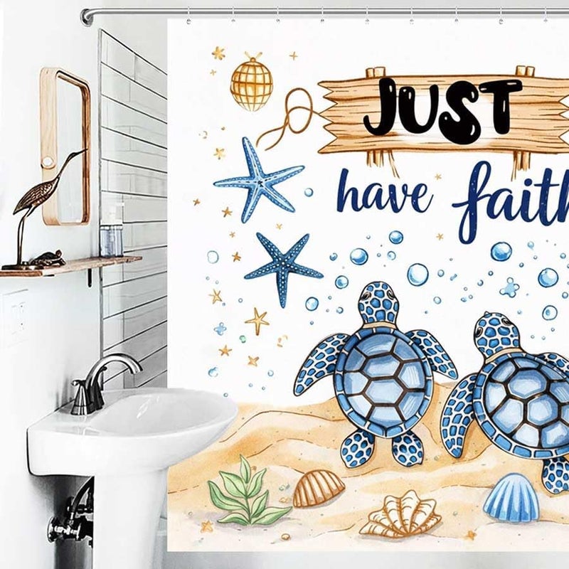 Turtles on Sand with Just Have Faith signShower Curtain for Bathroom Waterproof Tan Shower Curtain with Hooks 71 inch x 71 inch - Image 4