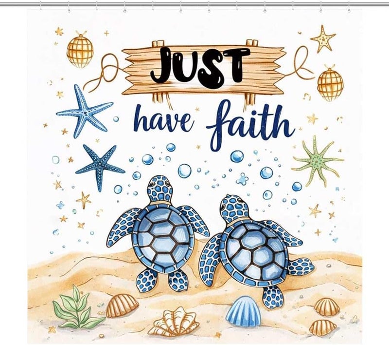 Turtles on Sand with Just Have Faith signShower Curtain for Bathroom Waterproof Tan Shower Curtain with Hooks 71 inch x 71 inch - Image 1