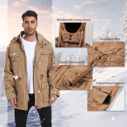 Dr.Cyril Men's Thick Winter Jackets Fleece Lined Thick Jackets Hood Work Jackets Coat Cotton Military with Cargo Pockets - Image 5