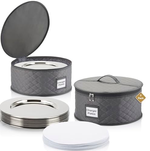 STOZU 2 Pack China Storage Container for Big Dinner Plate - 14" W x 7" H - Includes 24 Felt Dividers. Stackable with Padded Interior - Great for Big Plates and Charger Plates - Image 1