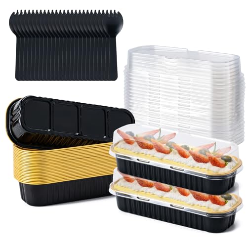 Husfunov 25 Pack Mini Cake Pans with Lids and Spoons, Small Aluminum Foil Loaf Pans, Rectangular Baking Containers for Party and Picnics, 6.8oz (Black/Gold) - Image 1
