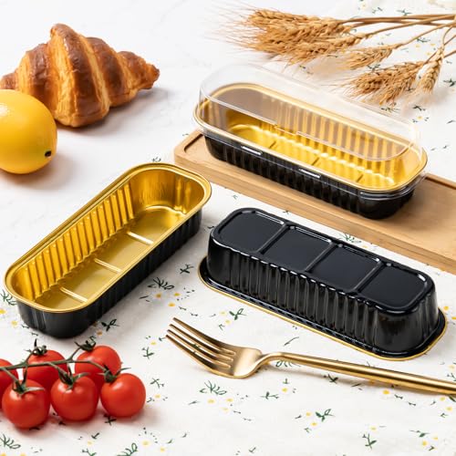 Husfunov 25 Pack Mini Cake Pans with Lids and Spoons, Small Aluminum Foil Loaf Pans, Rectangular Baking Containers for Party and Picnics, 6.8oz (Black/Gold) - Image 5