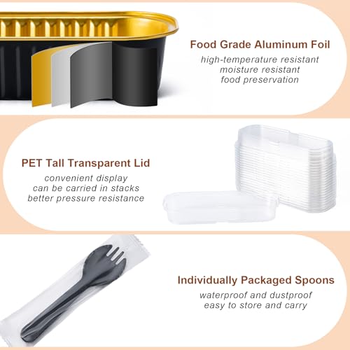 Husfunov 25 Pack Mini Cake Pans with Lids and Spoons, Small Aluminum Foil Loaf Pans, Rectangular Baking Containers for Party and Picnics, 6.8oz (Black/Gold) - Image 3