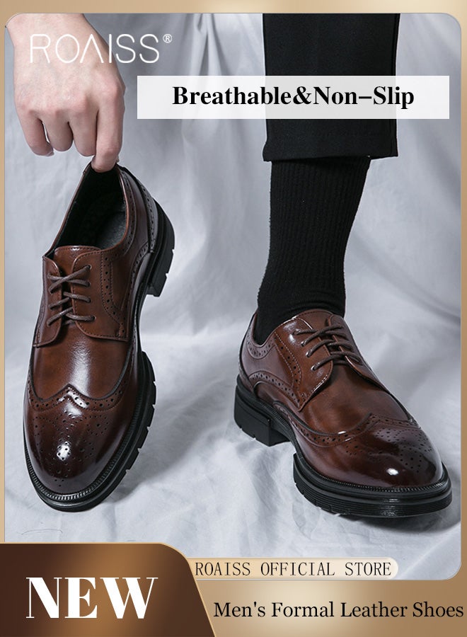roaiss Formal PU Leather Shoes for Men Round Toe Lace up Brogue Pattern Breathable Non Slip Shoes Mens Burnished Premium Textured Dress Shoes Brown  - Image 1
