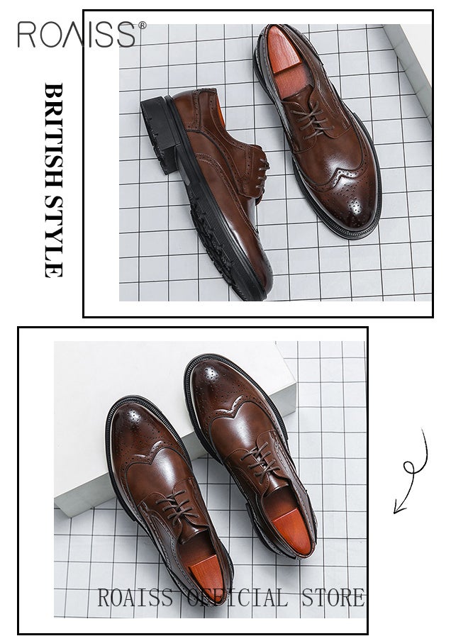 roaiss Formal Leather Shoes for Men Round Toe Lace Up Brogue Pattern Breathable Non Slip Shoes Mens Burnished Premium Textured Dress Shoes  - Image 5