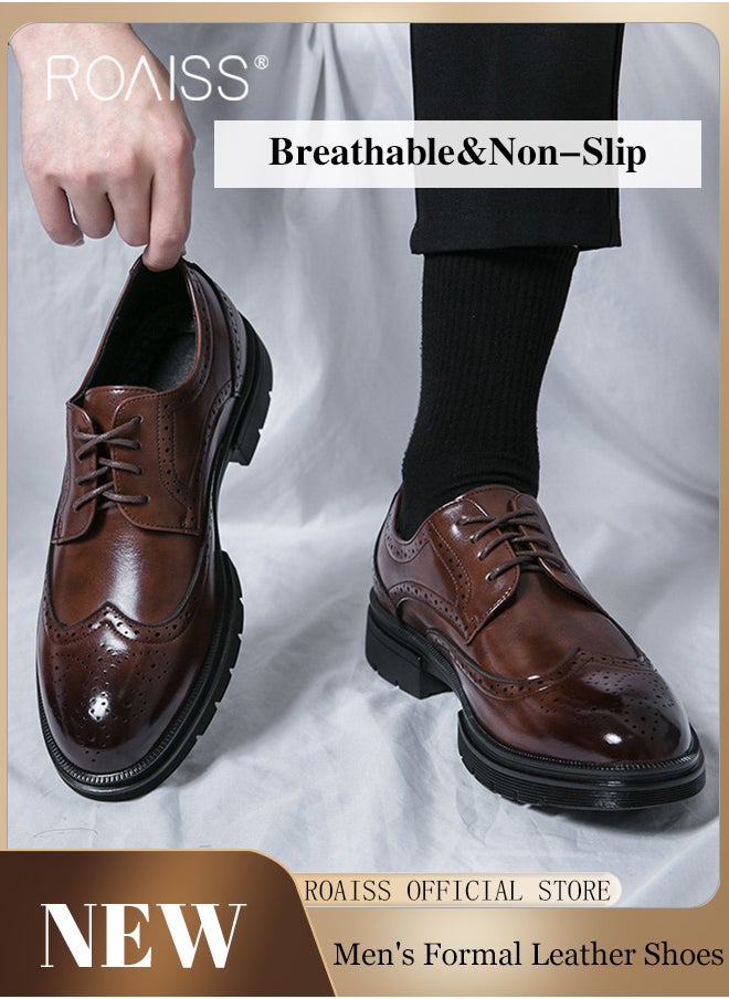roaiss Formal Leather Shoes for Men Round Toe Lace Up Brogue Pattern Breathable Non Slip Shoes Mens Burnished Premium Textured Dress Shoes  - Image 2