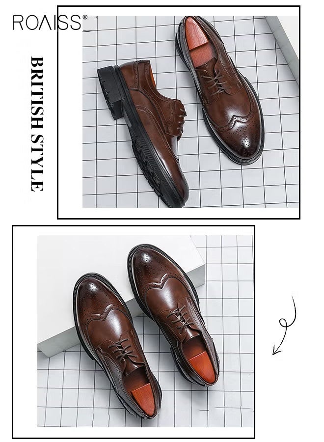 roaiss Formal PU Leather Shoes for Men Round Toe Brogue Pattern Breathable Non Slip Shoes Mens Burnished Premium Textured Dress Shoes Brown Business Casual Wedding Party Brown - Image 4