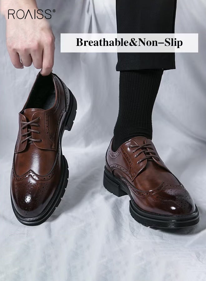 Formal PU Leather Shoes for Men Round Toe Slip on Brogue Pattern Breathable Non Slip Shoes Mens Burnished Premium Textured Dress Shoes Brown Business Casual Wedding Party Brown