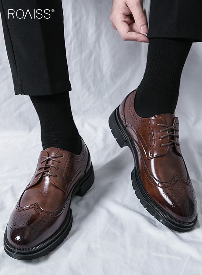 roaiss Formal PU Leather Shoes for Men Round Toe Brogue Pattern Breathable Non Slip Shoes Mens Burnished Premium Textured Dress Shoes Brown Business Casual Wedding Party Brown - Image 2