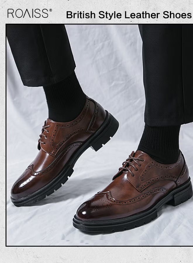 roaiss Formal PU Leather Shoes for Men Round Toe Brogue Pattern Breathable Non Slip Shoes Mens Burnished Premium Textured Dress Shoes Brown Business Casual Wedding Party Brown - Image 5