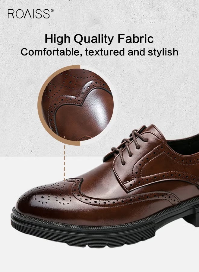 roaiss Formal PU Leather Shoes for Men Round Toe Brogue Pattern Breathable Non Slip Shoes Mens Burnished Premium Textured Dress Shoes Brown Business Casual Wedding Party Brown - Image 3
