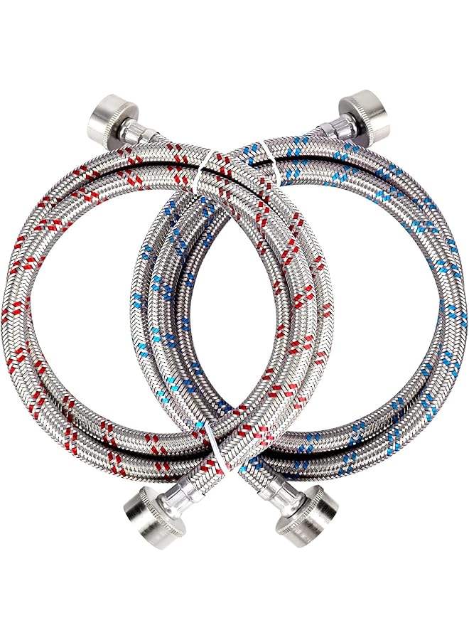 إيروريكس خراطيم غسالة من الفولاذ المقاوم للصدأ بطول 4 أقدام مقاومة للانفجار مكونة من قطعتين من خراطيم إمداد المياه الساخنة والباردة لجميع الغسالات - Image 1