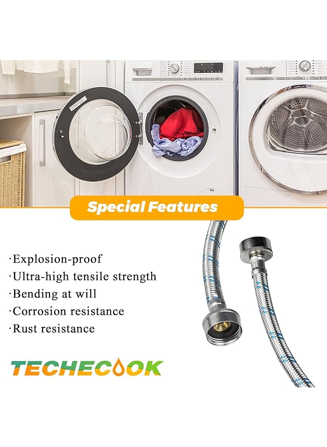 إيروريكس خراطيم غسالة من الفولاذ المقاوم للصدأ بطول 4 أقدام مقاومة للانفجار مكونة من قطعتين من خراطيم إمداد المياه الساخنة والباردة لجميع الغسالات - Image 3