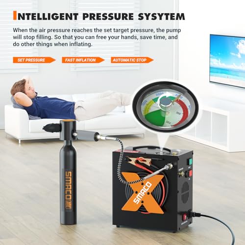 SMACO PCP Air Compressor 4500Psi/30Mpa High Pressure Air Compressor Paintball Scuba Tank Compressor HPA Pump Fill Station Auto-Stop,Oil-Free Powered by 12V DC or 110V AC with Water/Oil Separator - Image 4