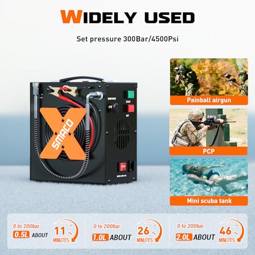 SMACO PCP Air Compressor 4500Psi/30Mpa High Pressure Air Compressor Paintball Scuba Tank Compressor HPA Pump Fill Station Auto-Stop,Oil-Free Powered by 12V DC or 110V AC with Water/Oil Separator - Image 2