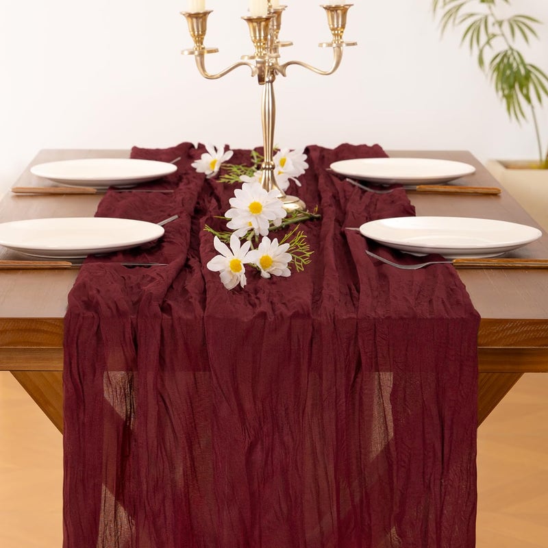 Socomi Burgundy Red Easter Spring Table Runner Cheesecloth Boho Rustic Gauze 120 inch 10FT Cheese Cloth Runner for Wedding Party Baby Shower Birthday Home Decor Holiday Decorations - Image 5