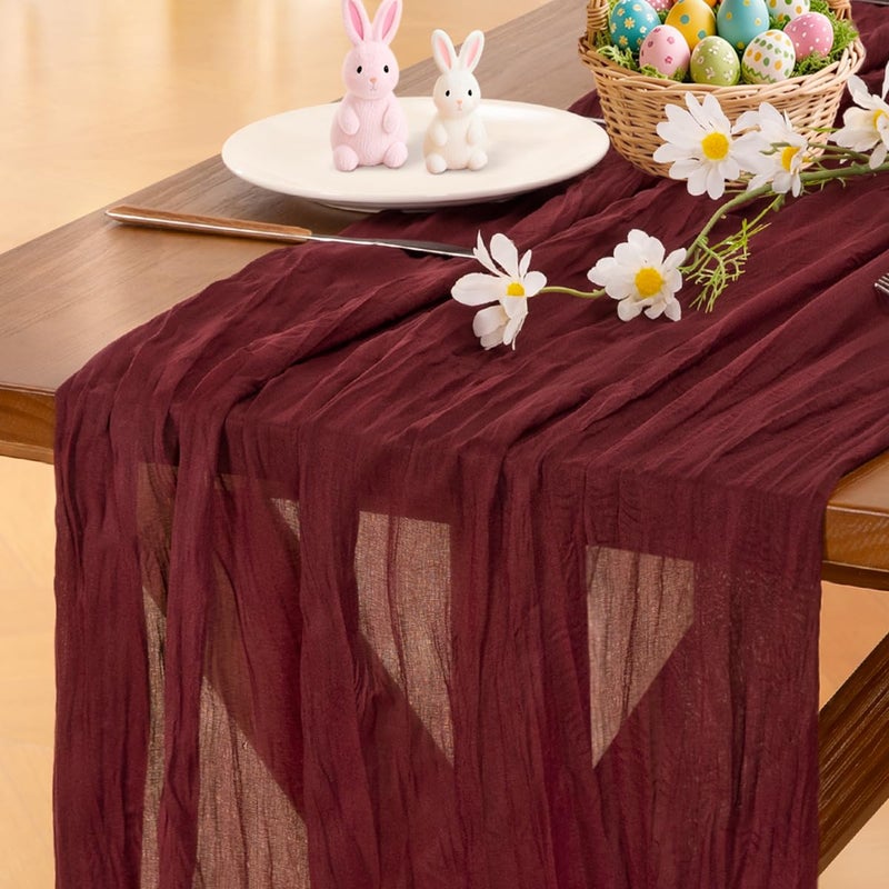 Socomi Burgundy Red Easter Spring Table Runner Cheesecloth Boho Rustic Gauze 120 inch 10FT Cheese Cloth Runner for Wedding Party Baby Shower Birthday Home Decor Holiday Decorations - Image 1
