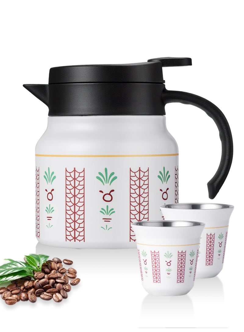 choxila 3pcs/set Arabic Stainless Steel Thermal Flask Set (1x 800ml Thermos + 2x Coffee Cups), Thermal Coffee Pot, Thermal   Tea Pot, Palm Flower Pattern Design, Heat Retention & Cold Keeping, Ideal Gift for Ramadan / Eid al-Adha / Saudi   National Day, for Lover/Family/Friends, Perfect for Home, Office, Picnics, and Restaurants - Image 1