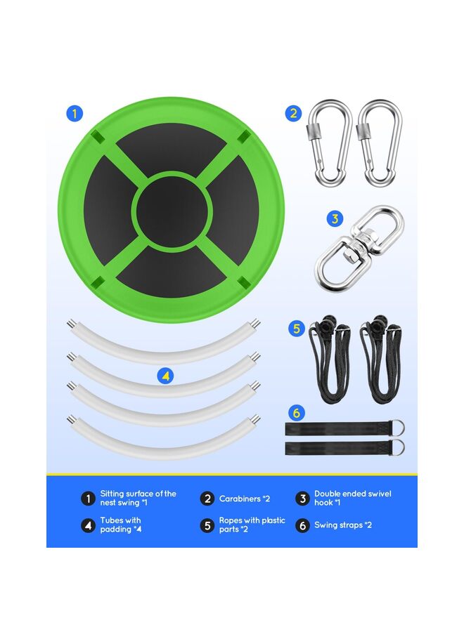 أرجوحة شجرة على شكل صحن بطول 39 بوصة، سعة تحمل 440 رطلاً، أرجوحة مقاومة للماء على شكل صحن طائر مع أحزمة تعليق قابلة للتعديل، مقاعد أرجوحة للفناء الخلفي، ملعب داخلي خارجي، لون أخضر - Image 2