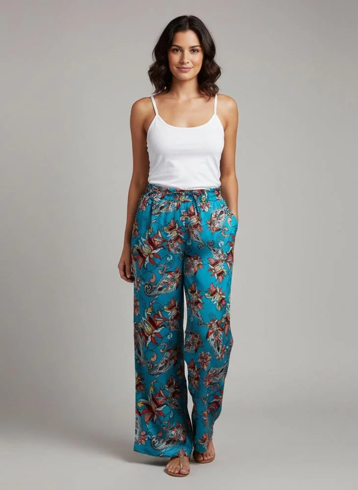 جانارا جونز Blue Floral Paisley Satin Sahara Trousers