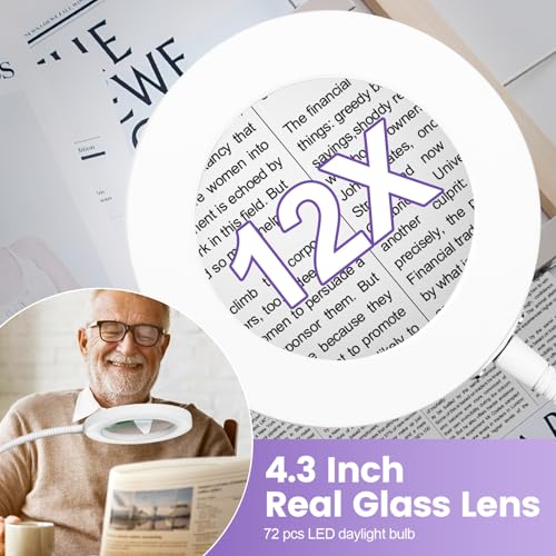 NUEYiO 12X Magnifying Glass with Light and Stand, 3-Color Stepless Dimmable LED Magnifying Floor Lamp, 24" Gooseneck Adjustable Swing Arm Lighted Magnifier Lamp with Clamp for Craft Esthetican-White - Image 2