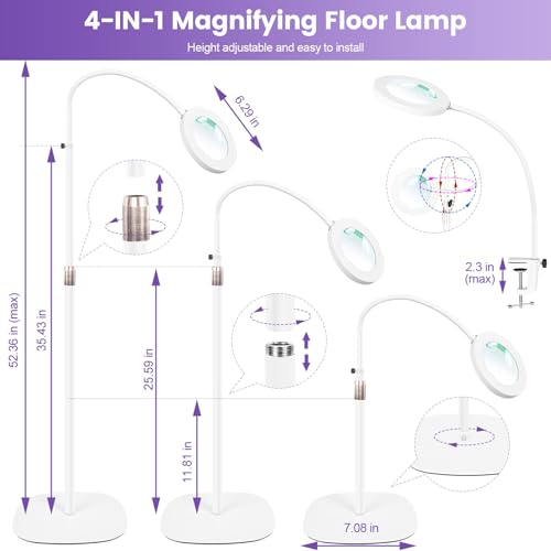 NUEYiO 12X Magnifying Glass with Light and Stand, 3-Color Stepless Dimmable LED Magnifying Floor Lamp, 24" Gooseneck Adjustable Swing Arm Lighted Magnifier Lamp with Clamp for Craft Esthetican-White - Image 3