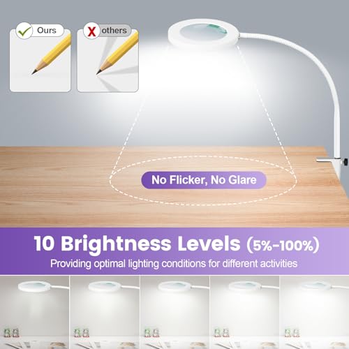 NUEYiO 12X Magnifying Glass with Light and Stand, 3-Color Stepless Dimmable LED Magnifying Floor Lamp, 24" Gooseneck Adjustable Swing Arm Lighted Magnifier Lamp with Clamp for Craft Esthetican-White - Image 5