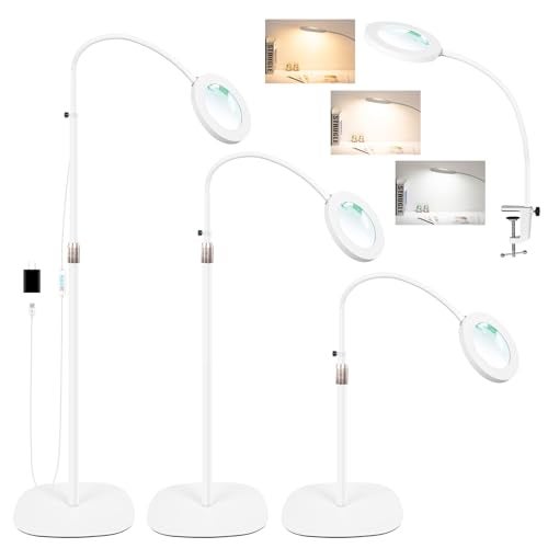 NUEYiO 12X Magnifying Glass with Light and Stand, 3-Color Stepless Dimmable LED Magnifying Floor Lamp, 24" Gooseneck Adjustable Swing Arm Lighted Magnifier Lamp with Clamp for Craft Esthetican-White - Image 1