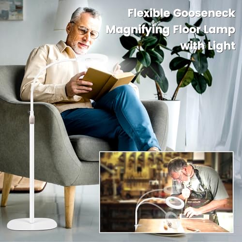NUEYiO 12X Magnifying Glass with Light and Stand, 3-Color Stepless Dimmable LED Magnifying Floor Lamp, 24" Gooseneck Adjustable Swing Arm Lighted Magnifier Lamp with Clamp for Craft Esthetican-White - Image 4