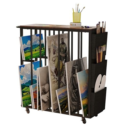 NinPeen Large Art Storage Rack with Wheels and HandleMetal Art Storage Organizer with Side PocketsArt Display Stands Drying Painting for CanvasFrameDrawing BoardGalleryArtworks Brown - Image 1