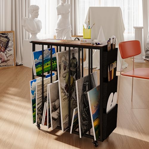 NinPeen Large Art Storage Rack with Wheels and HandleMetal Art Storage Organizer with Side PocketsArt Display Stands Drying Painting for CanvasFrameDrawing BoardGalleryArtworks Brown - Image 3
