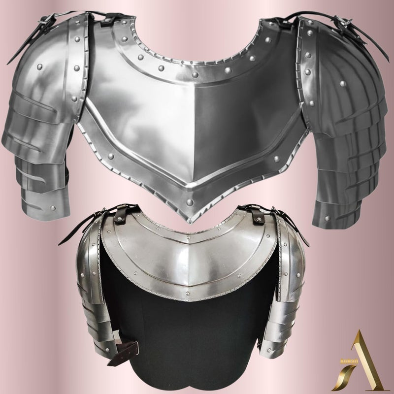 AnNafiÂ® Medieval Iron Gorget with Pauldrons Gothic Spaulders Arm Shoulder Guard Set Viking Crusader Warrior Armor Steel Neck Protector SCA LARP Knight Metal Vembrace Pair Silver Adult - Image 3