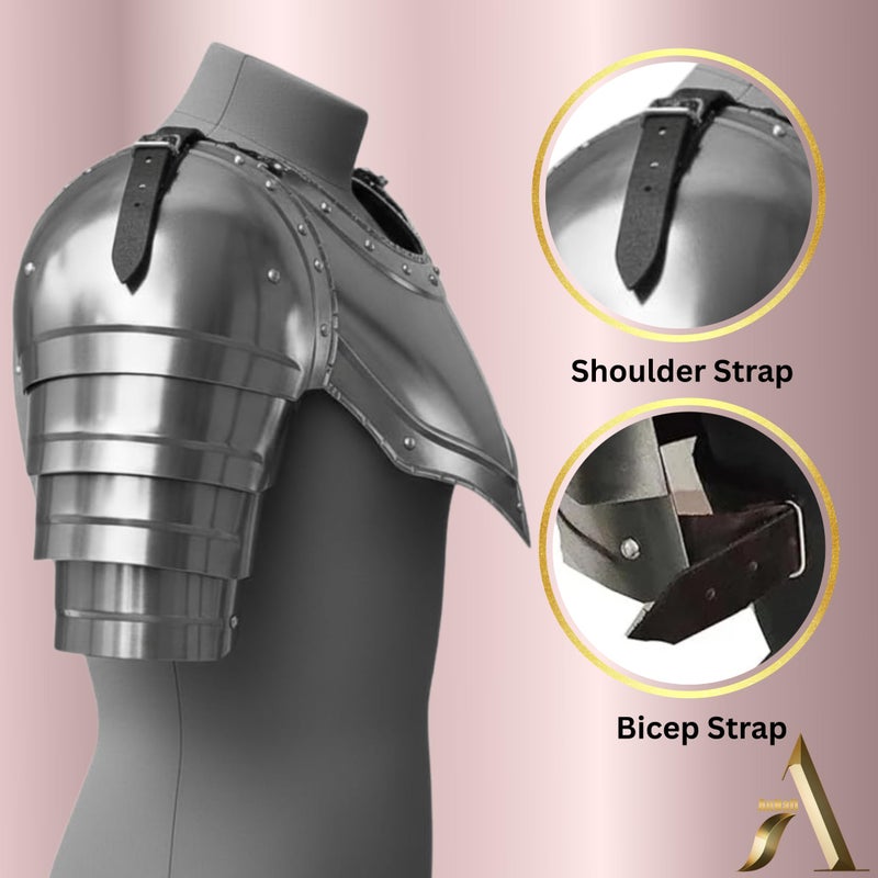 AnNafiÂ® Medieval Iron Gorget with Pauldrons Gothic Spaulders Arm Shoulder Guard Set Viking Crusader Warrior Armor Steel Neck Protector SCA LARP Knight Metal Vembrace Pair Silver Adult - Image 5
