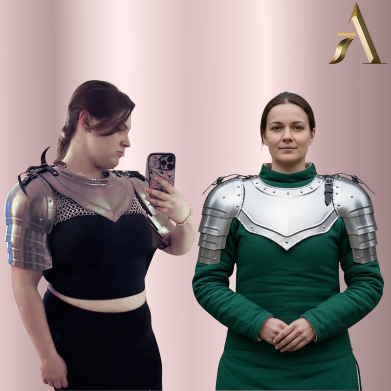 AnNafiÂ® Medieval Iron Gorget with Pauldrons Gothic Spaulders Arm Shoulder Guard Set Viking Crusader Warrior Armor Steel Neck Protector SCA LARP Knight Metal Vembrace Pair Silver Adult - Image 2