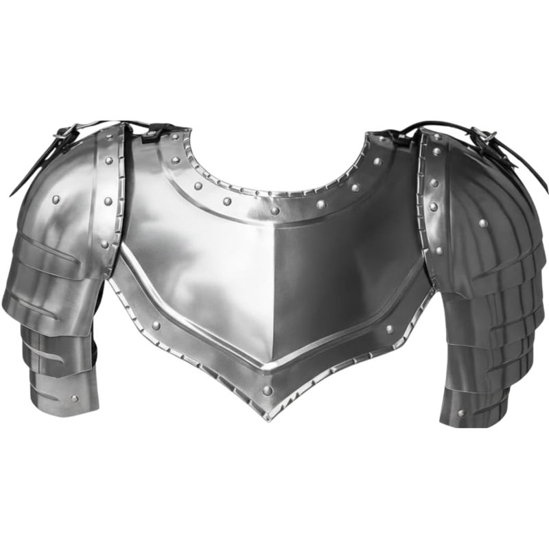 AnNafiÂ® Medieval Iron Gorget with Pauldrons Gothic Spaulders Arm Shoulder Guard Set Viking Crusader Warrior Armor Steel Neck Protector SCA LARP Knight Metal Vembrace Pair Silver Adult - Image 1