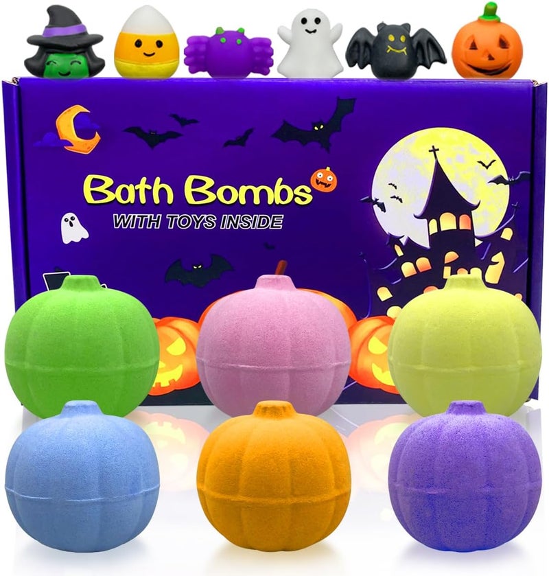 Jofan Jofan 6 Pack Halloween Pumpkin Bath Bombs with Halloween Squishy Toys Inside for Kids Girls Boys Halloween Toys Halloween Treat Bags Gifts