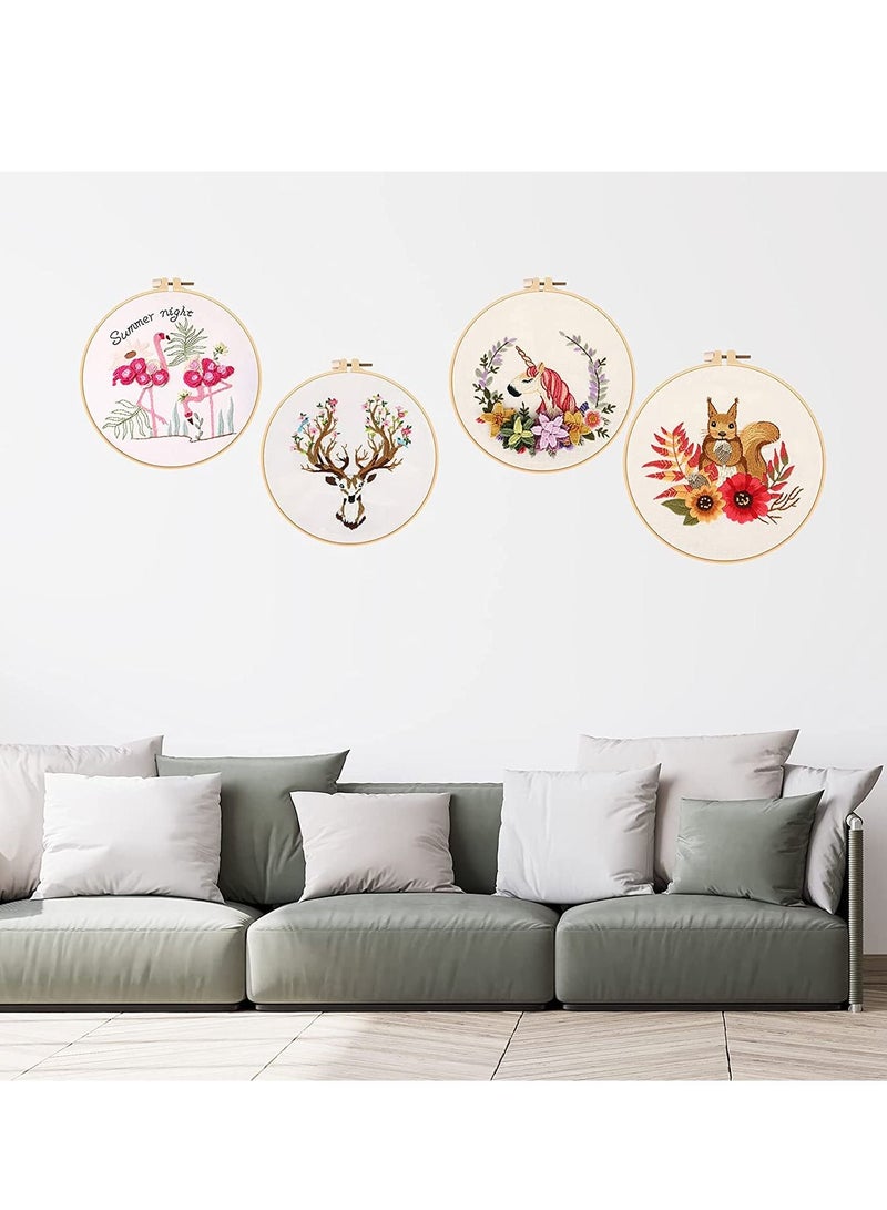 Embroidery Starters Kit with Pattern for Beginners, 4 Pack Cross Stitch Kits, 2 Wooden Hoops, Scissors, Needles and Color Threads, Needlepoint Adults - Image 1