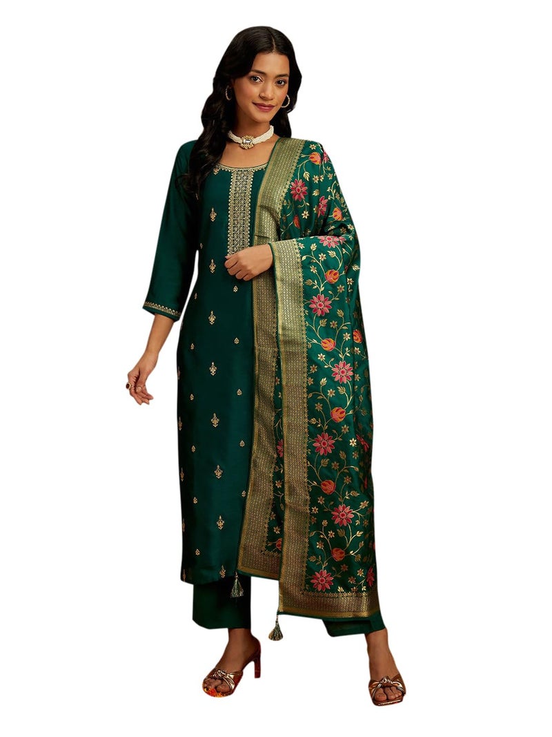 Libas Womens Embroidered Silk Blend Straight Kurta With Trousers and Dupatta - Image 2