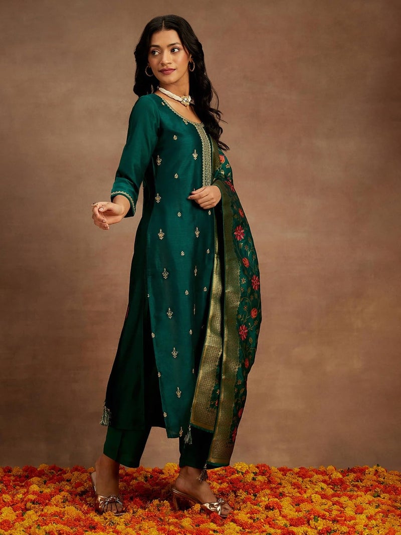 Libas Womens Embroidered Silk Blend Straight Kurta With Trousers and Dupatta - Image 3