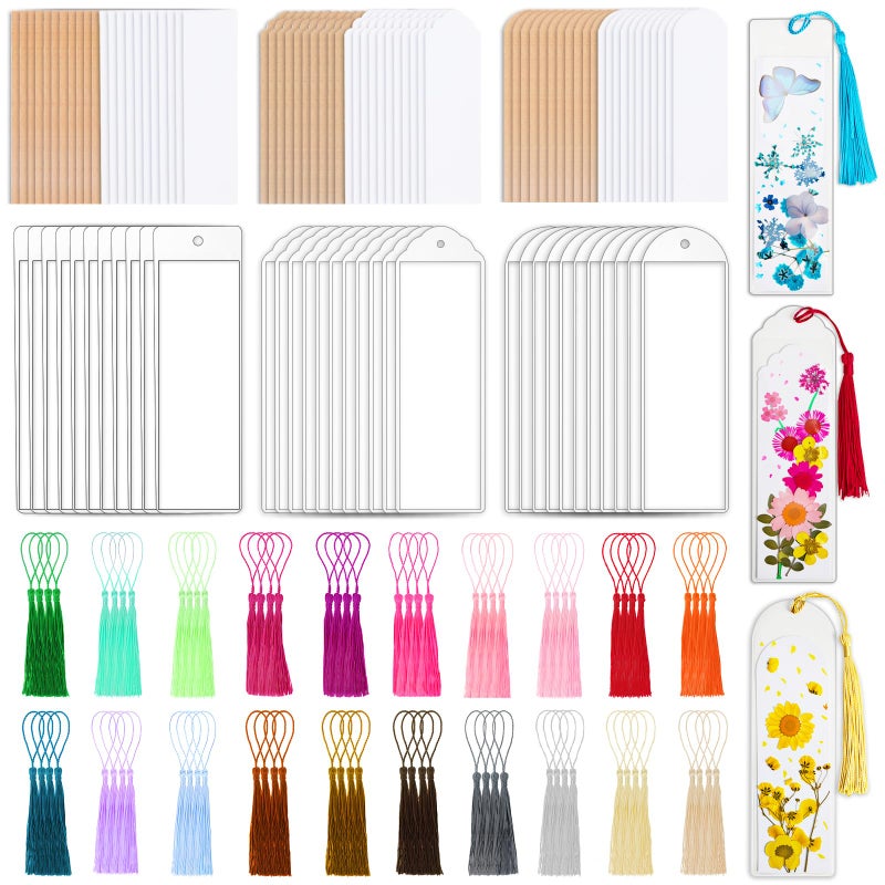Comkrivy 240 Pcs Kraft Paper Blank Bookmarks, 3 Sizes 2 Colors Bookmark Making Kit with 80 Pcs Clear Bookmark Sleeves & 80 Pcs Colorful Tassels, Paper Book Mark Bulk for DIY Crafts, Gift Tags, School Projects - Image 1