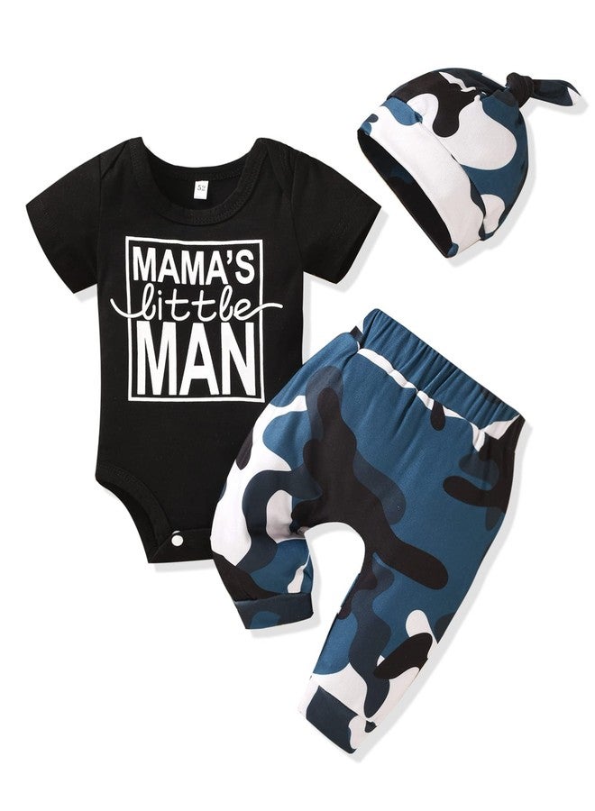 HIHA Preemie Newborn Baby Boy Clothes Set Short Sleeeve Romper Camoflauge Pants Hat 3PCS Mamas Man Outfit Mamas Little Boy Print (Blue Camo, Preemie) - Image 1