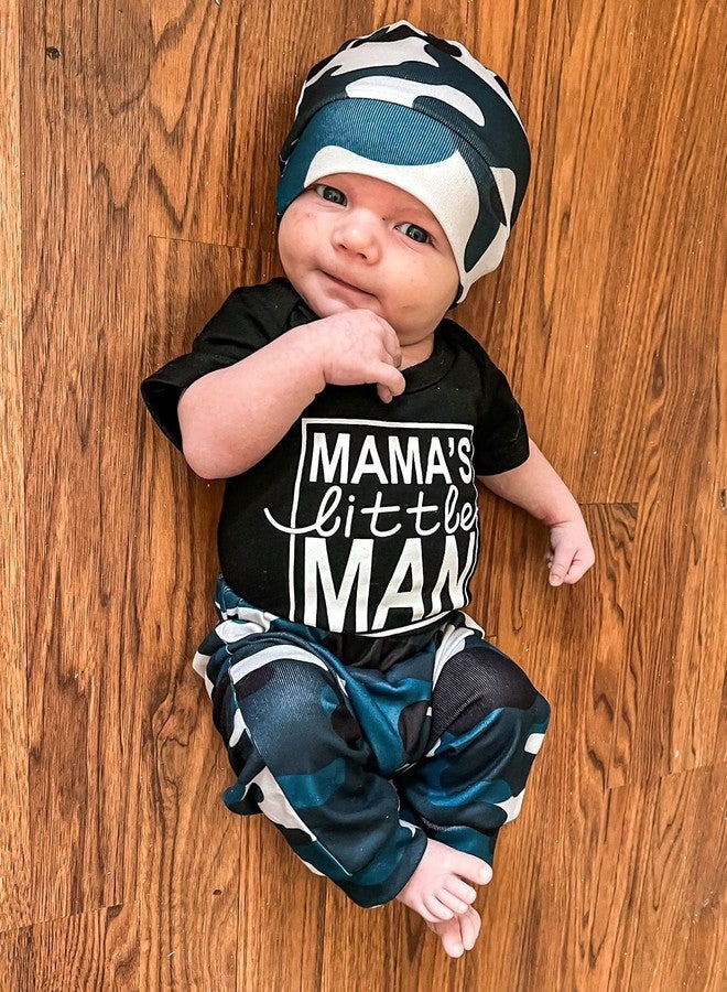 HIHA Preemie Newborn Baby Boy Clothes Set Short Sleeeve Romper Camoflauge Pants Hat 3PCS Mamas Man Outfit Mamas Little Boy Print (Blue Camo, Preemie) - Image 3