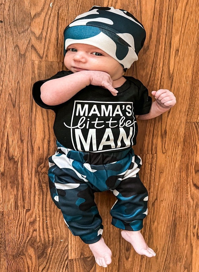 HIHA Preemie Newborn Baby Boy Clothes Set Short Sleeeve Romper Camoflauge Pants Hat 3PCS Mamas Man Outfit Mamas Little Boy Print (Blue Camo, Preemie) - Image 2