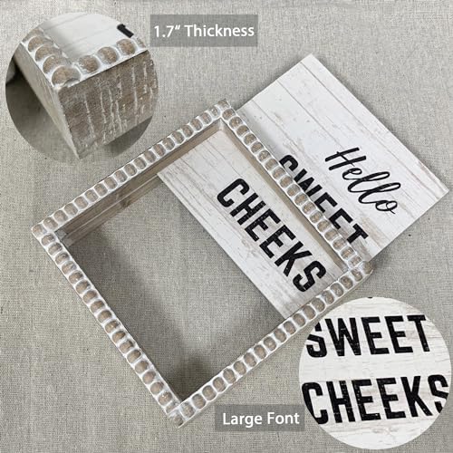 ZLFart Boho Farmhouse Wooden Framed Bathroom Decor Signs, Funny Restroom Decorative Plaque Small Cute, Toilet Rules Shelf Decoration (Hello Sweet Cheeks) - Image 5