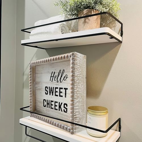 ZLFart Boho Farmhouse Wooden Framed Bathroom Decor Signs, Funny Restroom Decorative Plaque Small Cute, Toilet Rules Shelf Decoration (Hello Sweet Cheeks) - Image 3